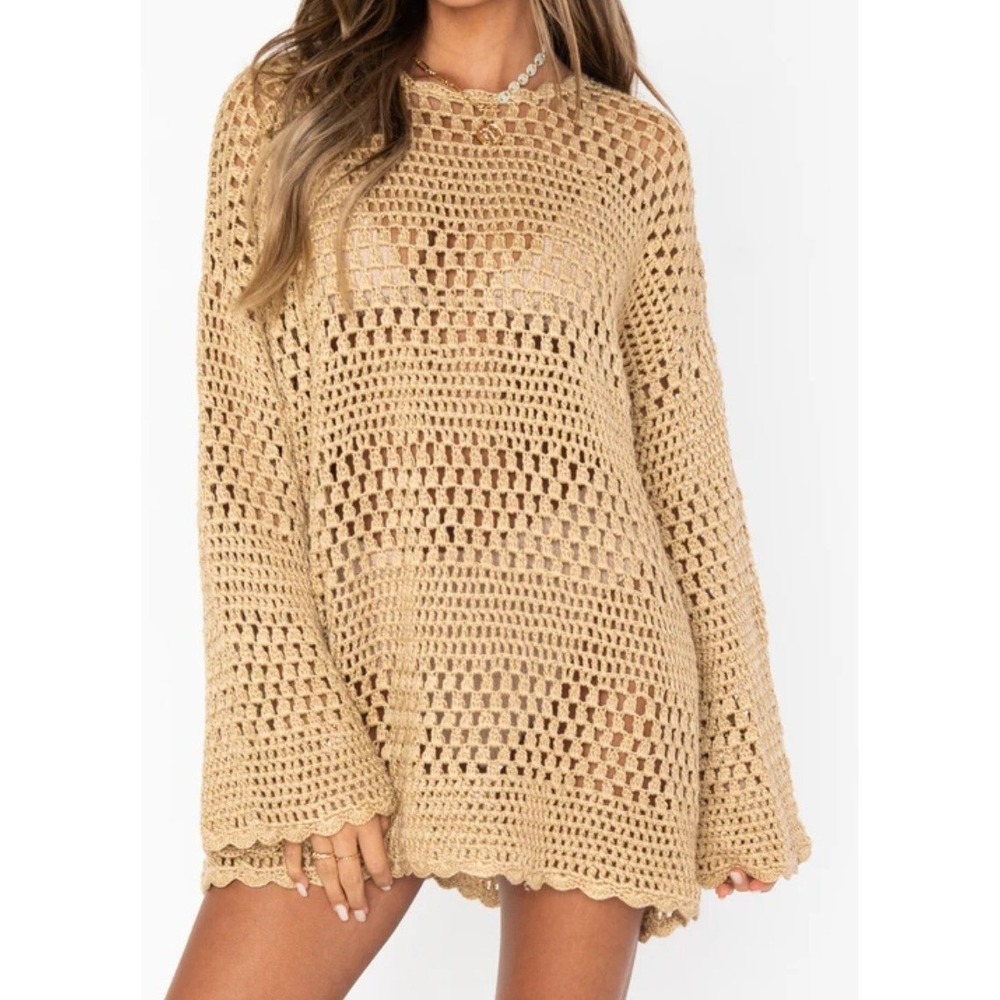 Show Me Your Mumu Paula Pullover Latte Crochet Sweater Tan Medium MS2-1227